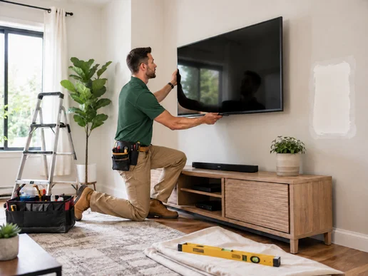 A completed home repair with the workspace cleared and swept