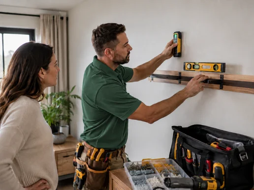 A handyman checking a finished repair before packing up